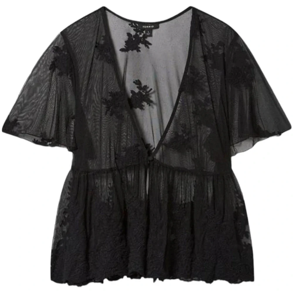 Torrid NWT Embroidered Mesh Peplum Kimono Black Size 6X Short Sleeve Cardigan